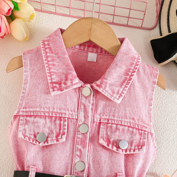 Dječja bezrukava džins haljina s kaišem, A-linijski kroj, 70% pamuk, uzrast 3–8, ljeto 2025