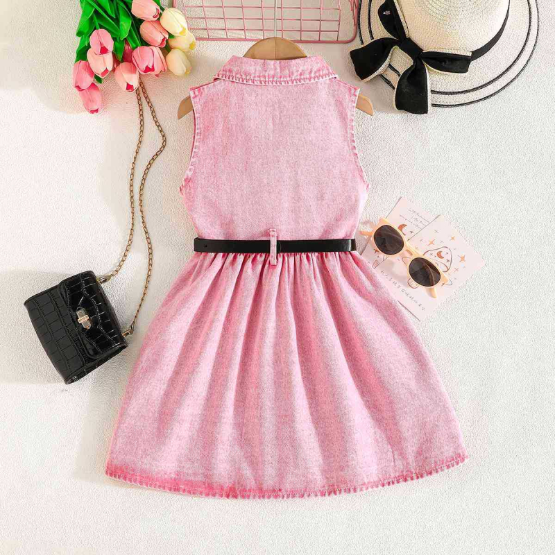 Dječja bezrukava džins haljina s kaišem, A-linijski kroj, 70% pamuk, uzrast 3–8, ljeto 2025