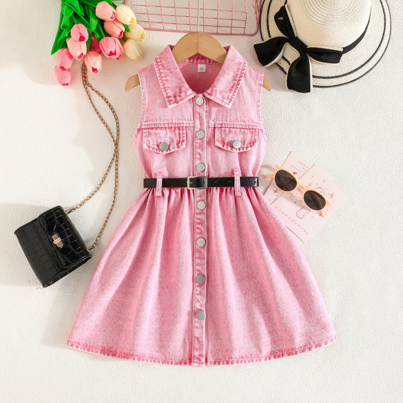 Dječja bezrukava džins haljina s kaišem, A-linijski kroj, 70% pamuk, uzrast 3–8, ljeto 2025