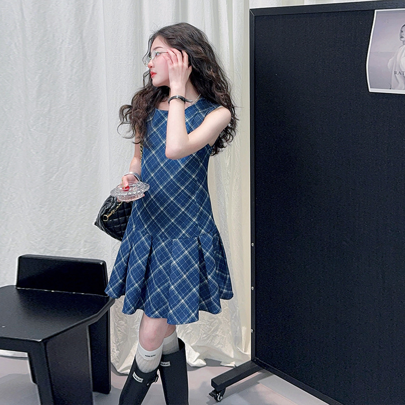Dječje ljetne haljine, korejski stil, bez rukava, jedinstveni komad, karirani uzorak, tkanina od pamuk–mješavine (80% acetat), za djevojčice 8+ godina, ljeto 2025