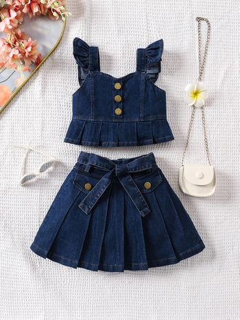 Gyerekeknek szóló két darabos szett: pamut felső és pliszírozott szoknya övvel, egyszínű, 3–8 év (100–140 cm), nyár/tavasz/ősz