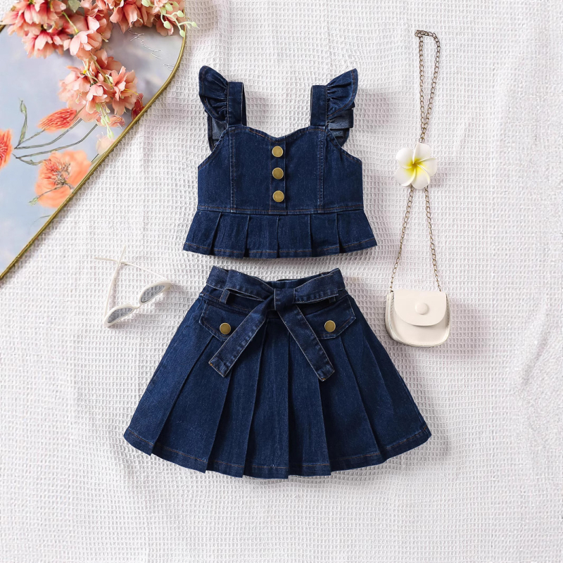 Gyerekeknek szóló két darabos szett: pamut felső és pliszírozott szoknya övvel, egyszínű, 3–8 év (100–140 cm), nyár/tavasz/ősz