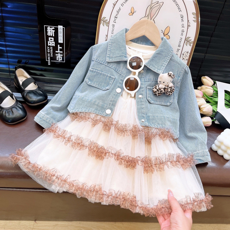 Dvodjelni set odjeće za djevojčice s džin jaknom, stil princeze, smjesa poliestera 80%, dugi rukav, uzrast 3-8 godina