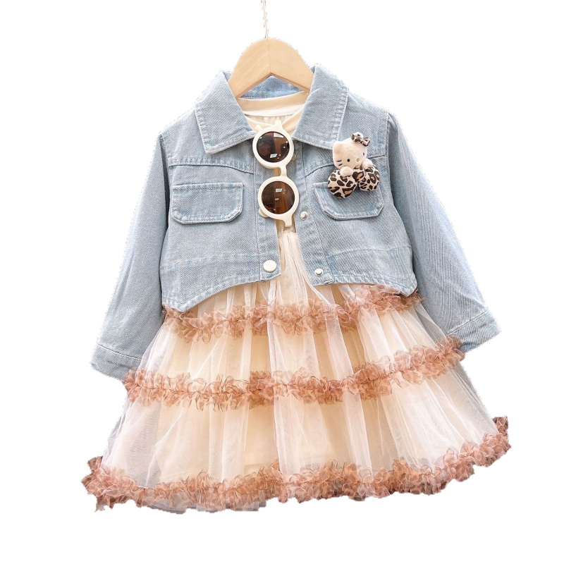 Dvodjelni set odjeće za djevojčice s džin jaknom, stil princeze, smjesa poliestera 80%, dugi rukav, uzrast 3-8 godina