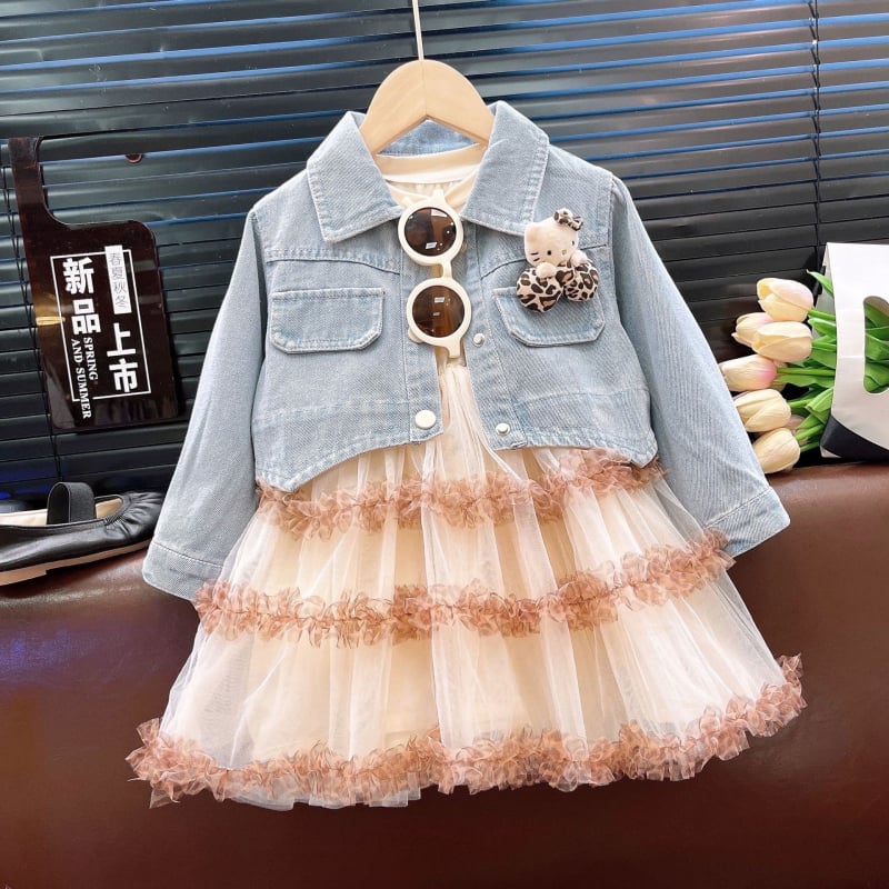 Dvodjelni set odjeće za djevojčice s džin jaknom, stil princeze, smjesa poliestera 80%, dugi rukav, uzrast 3-8 godina