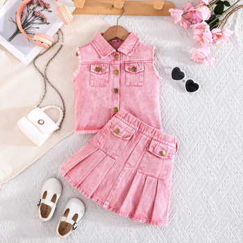 Set od dvije komponente za male djevojčice: bezrukavni džins top s gumbima i plisirana džins suknja, 73% pamuka