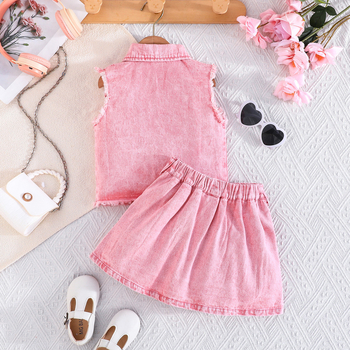 Set od dvije komponente za male djevojčice: bezrukavni džins top s gumbima i plisirana džins suknja, 73% pamuka