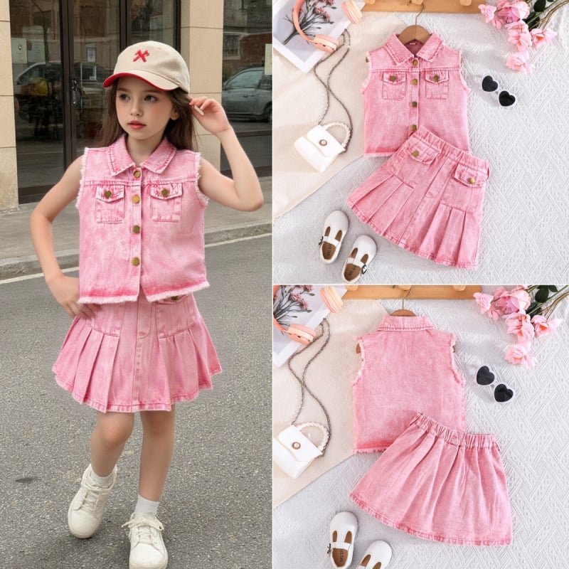Set od dvije komponente za male djevojčice: bezrukavni džins top s gumbima i plisirana džins suknja, 73% pamuka