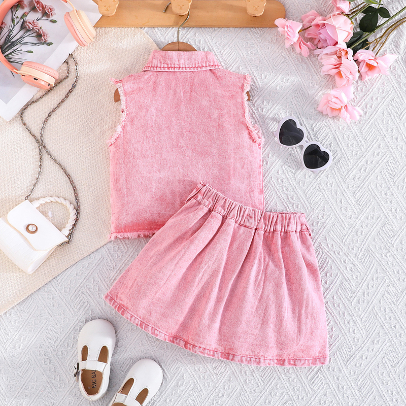 Set od dvije komponente za male djevojčice: bezrukavni džins top s gumbima i plisirana džins suknja, 73% pamuka