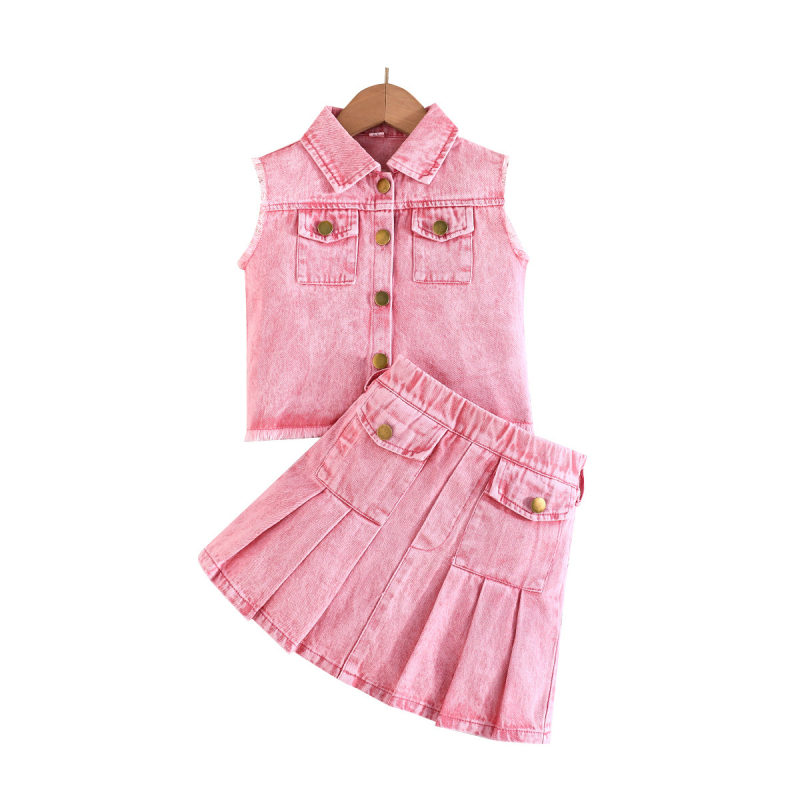 Set od dvije komponente za male djevojčice: bezrukavni džins top s gumbima i plisirana džins suknja, 73% pamuka