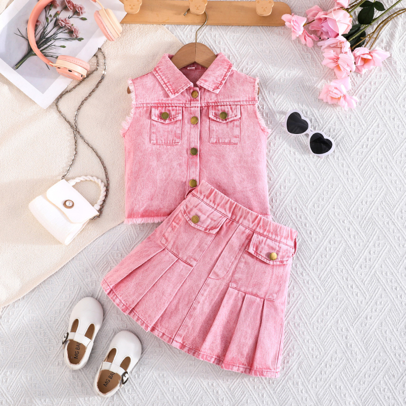 Set od dvije komponente za male djevojčice: bezrukavni džins top s gumbima i plisirana džins suknja, 73% pamuka