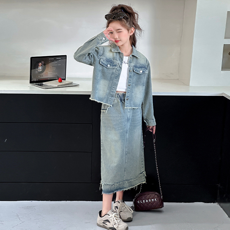 Dječji dvodijelni denim set, korejski stil, jesen 2025, dugi rukavi