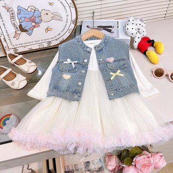 Dječji jesenski dvodijelni set: denim prsluk i mrežasta haljina, stil princeze, uzrast 3-8 godina, dugi rukavi