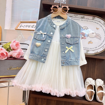 Dječji jesenski dvodijelni set: denim prsluk i mrežasta haljina, stil princeze, uzrast 3-8 godina, dugi rukavi