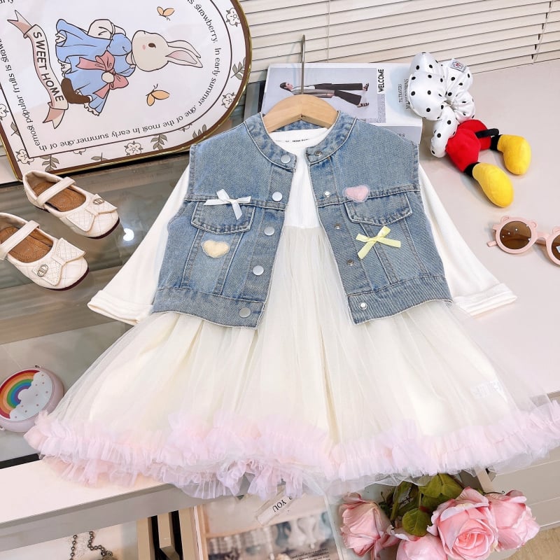 Dječji jesenski dvodijelni set: denim prsluk i mrežasta haljina, stil princeze, uzrast 3-8 godina, dugi rukavi