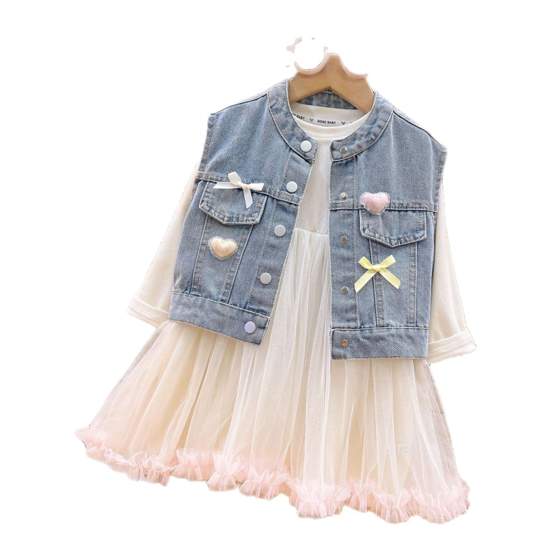 Dječji jesenski dvodijelni set: denim prsluk i mrežasta haljina, stil princeze, uzrast 3-8 godina, dugi rukavi