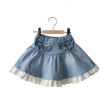 Dječja džins suknja s čipkastim patchom - mekana džins materija, glavni materijal pamuk 90%, podstava pamuk 71–80%, za uzrast 3–8 godina, jesen 2025
