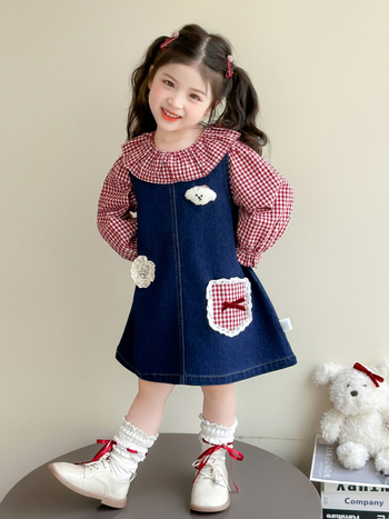 Dječji dvodijelni set: karirana baby-doll bluza i denim suknja, dugi rukavi, jesen 2025