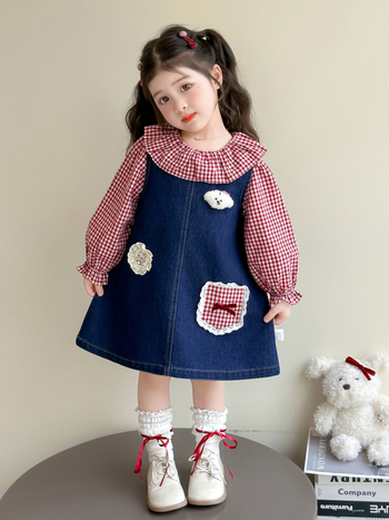 Dječji dvodijelni set: karirana baby-doll bluza i denim suknja, dugi rukavi, jesen 2025