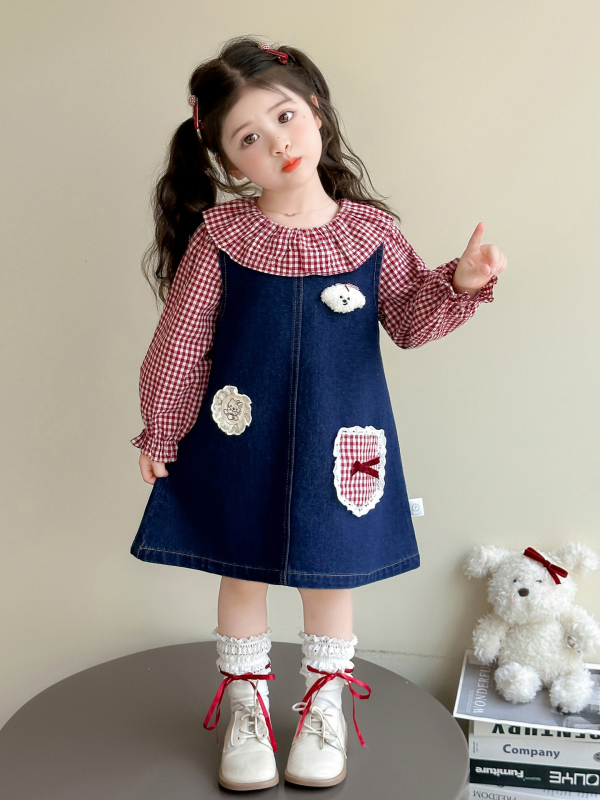 Dječji dvodijelni set: karirana baby-doll bluza i denim suknja, dugi rukavi, jesen 2025