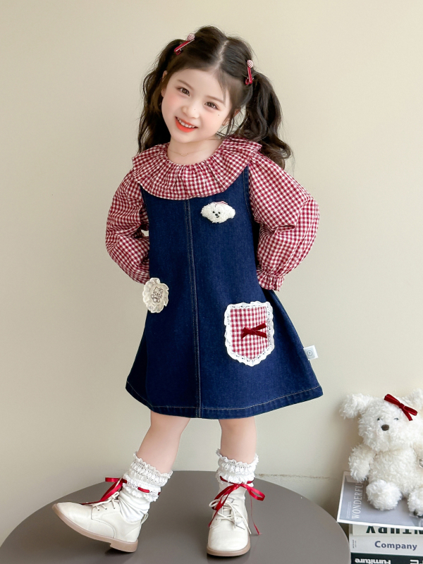 Dječji dvodijelni set: karirana baby-doll bluza i denim suknja, dugi rukavi, jesen 2025