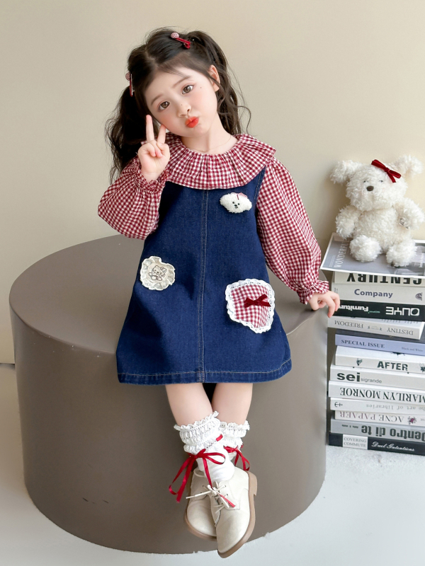 Dječji dvodijelni set: karirana baby-doll bluza i denim suknja, dugi rukavi, jesen 2025
