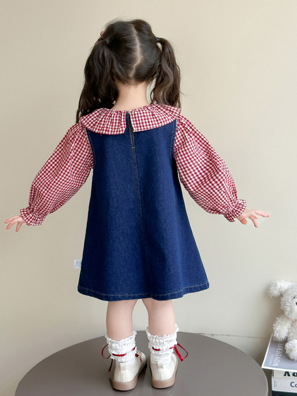 Dječji dvodijelni set: karirana baby-doll bluza i denim suknja, dugi rukavi, jesen 2025