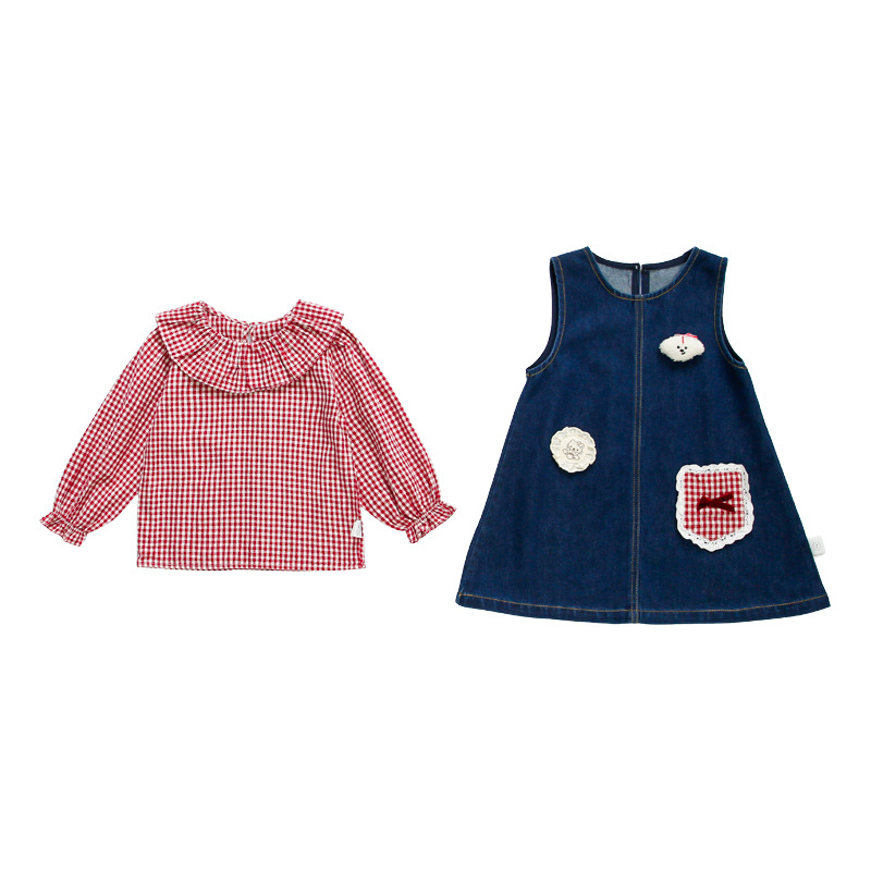 Dječji dvodijelni set: karirana baby-doll bluza i denim suknja, dugi rukavi, jesen 2025