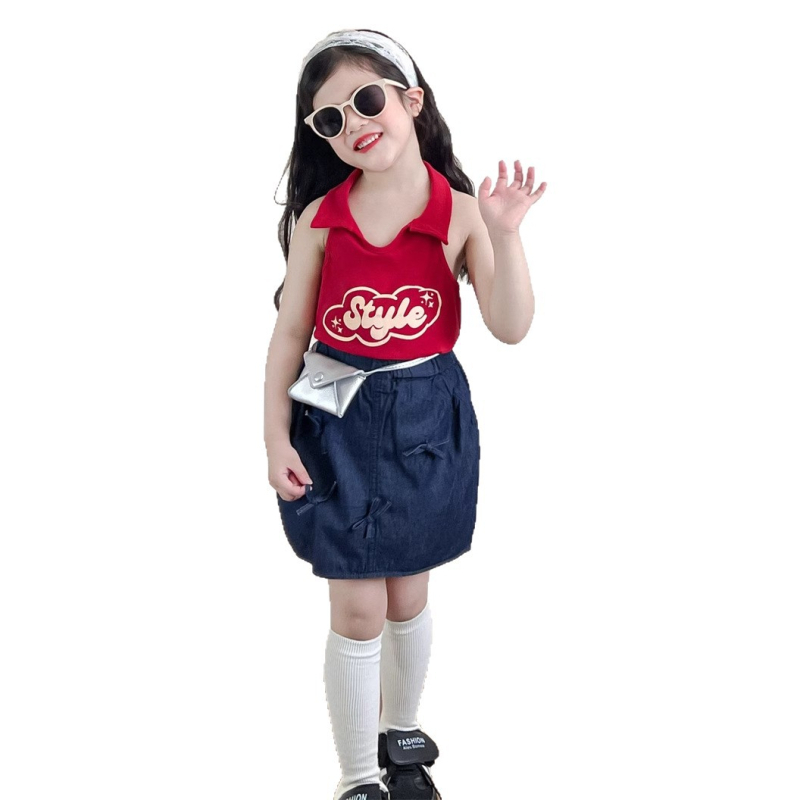 Dječji set u korejskom stilu: denim suknja s mašnicom i tiskani top bez rukava, diskretan otvoreni leđa