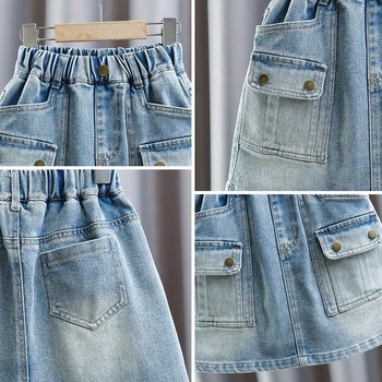 Lányoknak szóló farmerminiszoknya - pamut anyag, vékony textúra, nyár 2025, 8 év feletti gyermekeknek