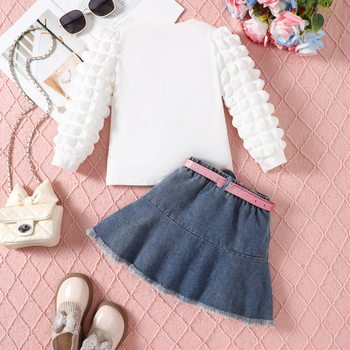 Jesenski dječji 3-dijelni set za djevojčice: dugi rukav T‑shirt s natpisom, poderana denim suknja s remenom, pamuk-sintetički materijal