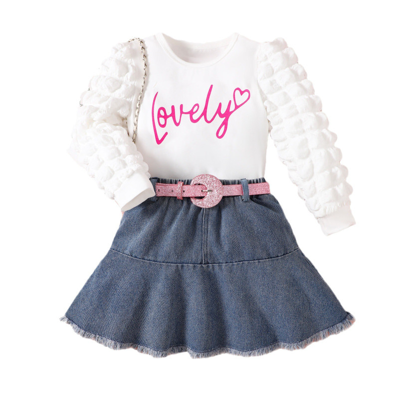Jesenski dječji 3-dijelni set za djevojčice: dugi rukav T‑shirt s natpisom, poderana denim suknja s remenom, pamuk-sintetički materijal