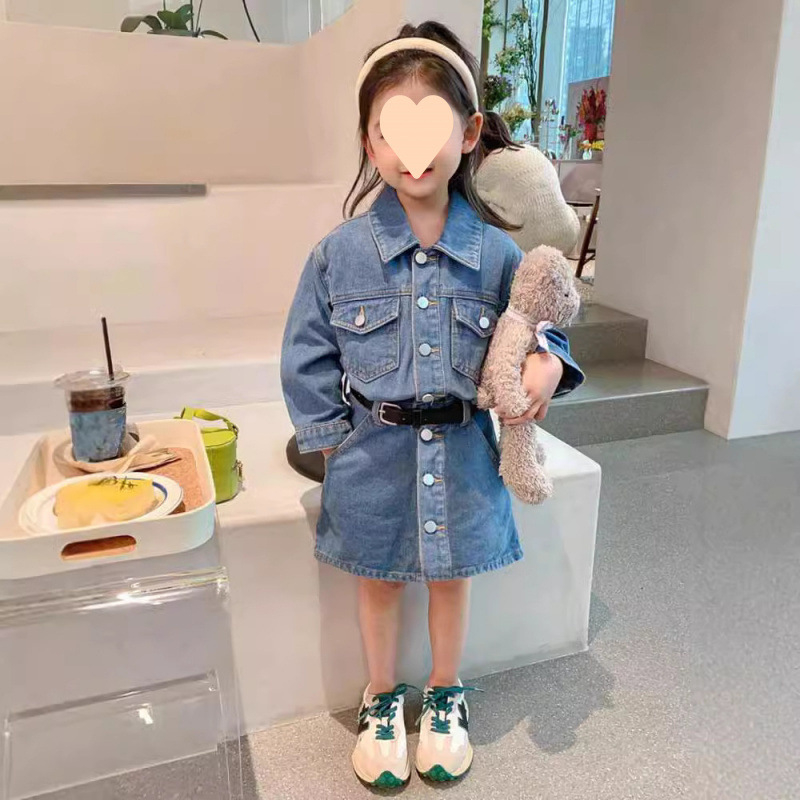 Dječji denimski dvodijelni set s dugim rukavima i suknjom, jesen, jednobojan, pamuk 70%