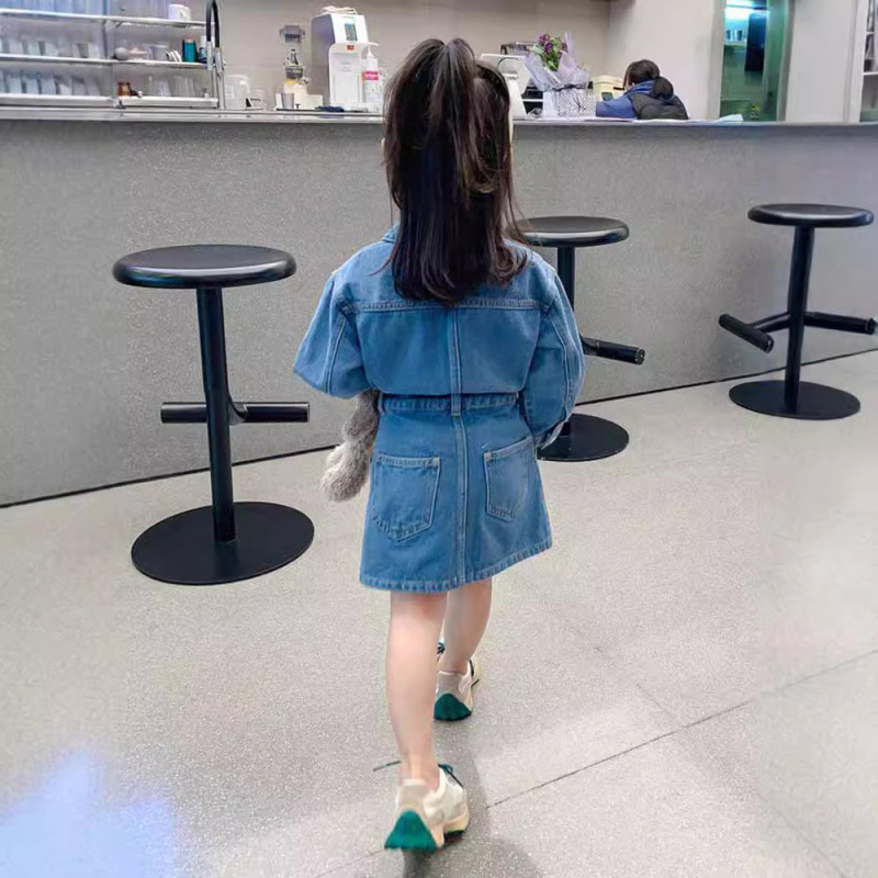 Dječji denimski dvodijelni set s dugim rukavima i suknjom, jesen, jednobojan, pamuk 70%