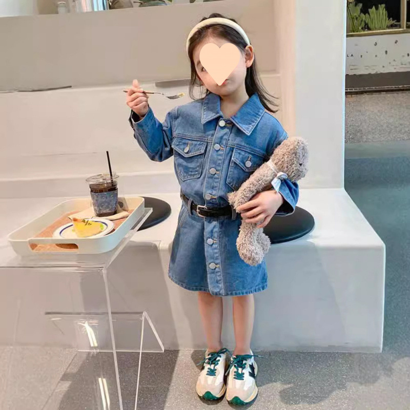 Dječji denimski dvodijelni set s dugim rukavima i suknjom, jesen, jednobojan, pamuk 70%