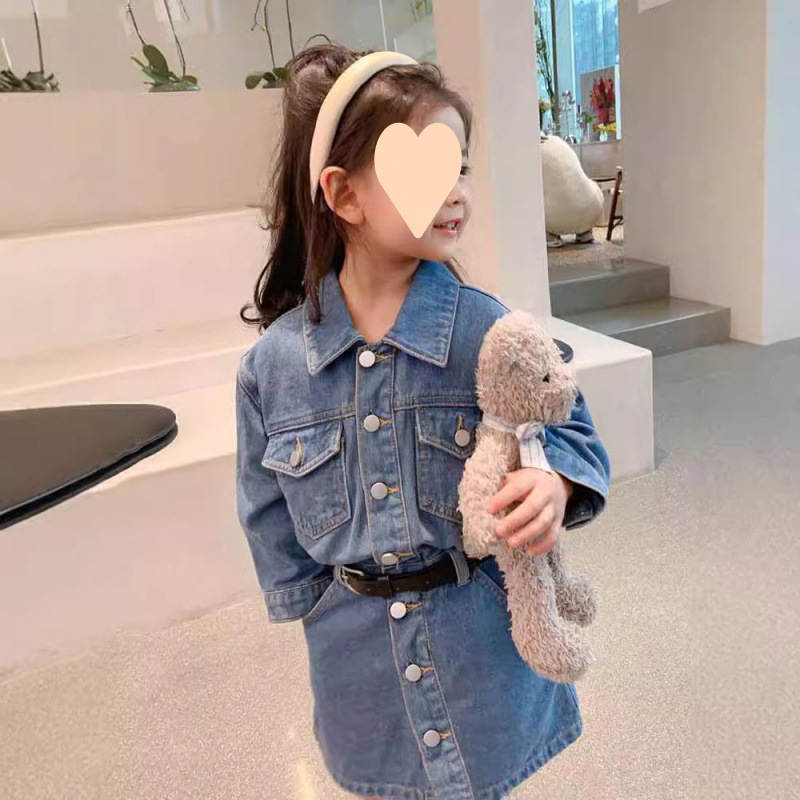 Dječji denimski dvodijelni set s dugim rukavima i suknjom, jesen, jednobojan, pamuk 70%