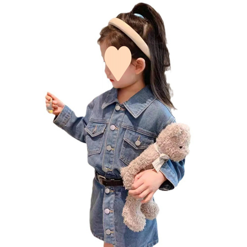 Dječji denimski dvodijelni set s dugim rukavima i suknjom, jesen, jednobojan, pamuk 70%