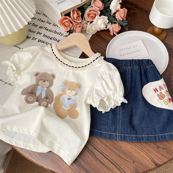 Dječji ljetni dvodijelni set: top s čipkastim rubom kratkih rukava i denim suknja s crtanim otiskom, 90% pamuka