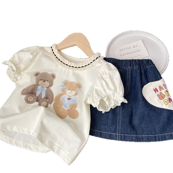 Dječji ljetni dvodijelni set: top s čipkastim rubom kratkih rukava i denim suknja s crtanim otiskom, 90% pamuka