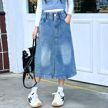 Φούστα τζιν για μεγαλύτερες κορίτσια - μεσαίου μήκους, τζιν από βαμβάκι, επένδυση από βαμβάκι, μονόχρωμη, Zhili μάρκα