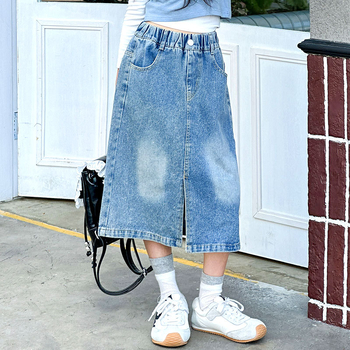 Φούστα τζιν για μεγαλύτερες κορίτσια - μεσαίου μήκους, τζιν από βαμβάκι, επένδυση από βαμβάκι, μονόχρωμη, Zhili μάρκα