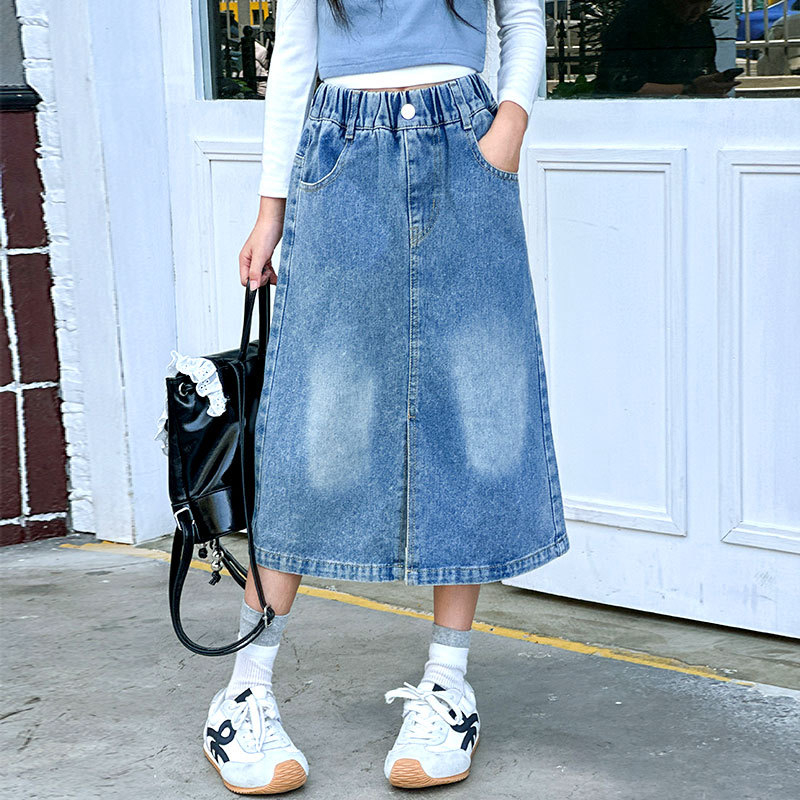 Φούστα τζιν για μεγαλύτερες κορίτσια - μεσαίου μήκους, τζιν από βαμβάκι, επένδυση από βαμβάκι, μονόχρωμη, Zhili μάρκα