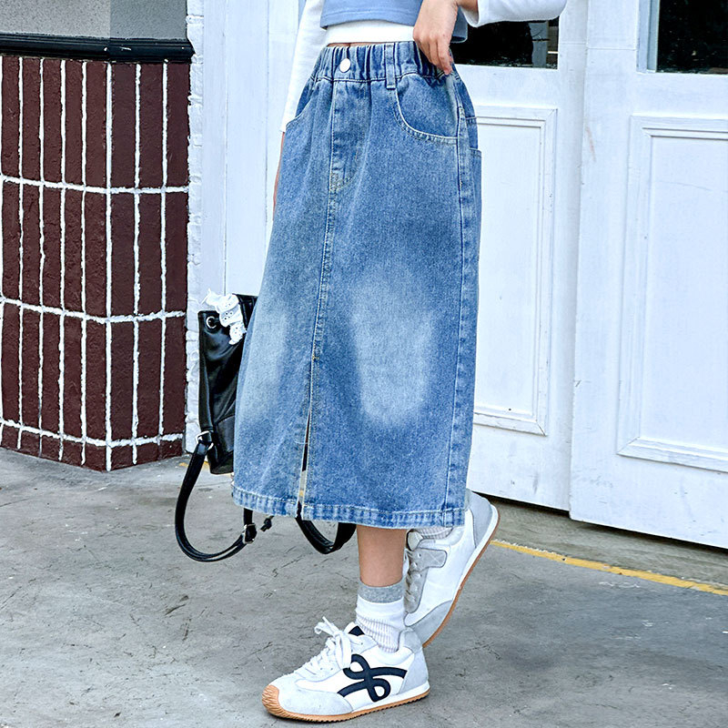 Φούστα τζιν για μεγαλύτερες κορίτσια - μεσαίου μήκους, τζιν από βαμβάκι, επένδυση από βαμβάκι, μονόχρωμη, Zhili μάρκα