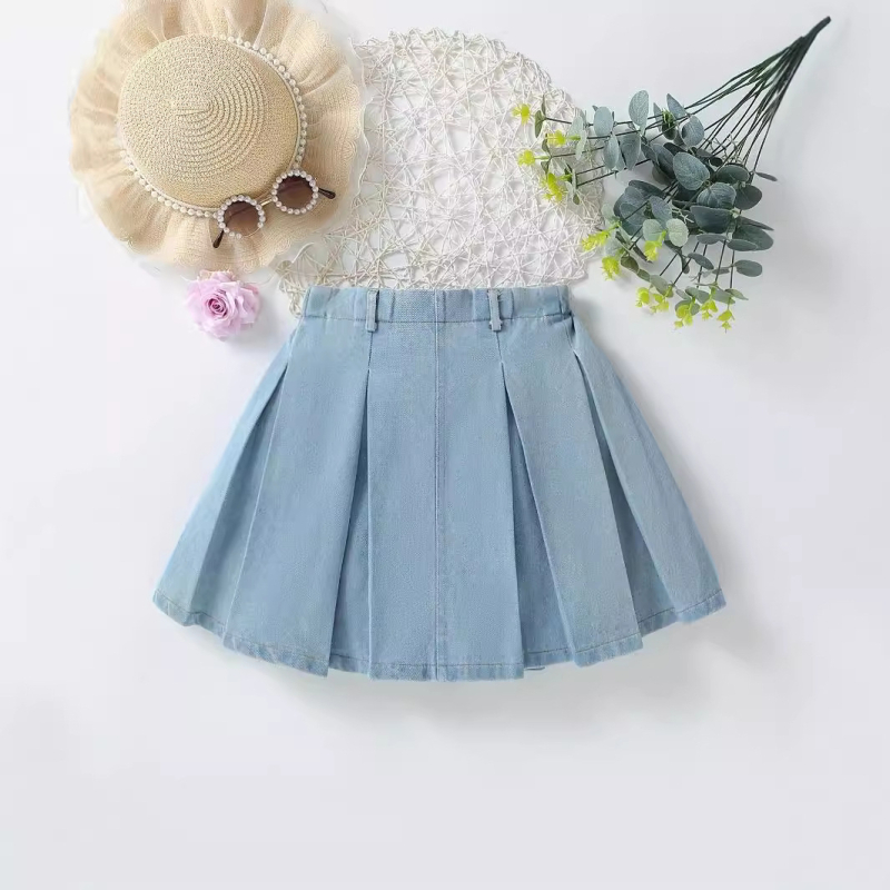 Dječji dvodijelni set: denim suknja i gornji dio, bez rukava, zatvaranje preko glave, 100% pamuk, ljeto 2024