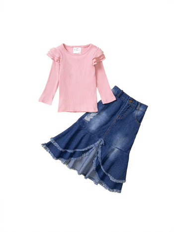 Dva dijela pamučni komplet za djevojčice za jesen: dugi rukav gornji komad i plisirana suknja srednje duljine, za uzrast 3–8 godina.