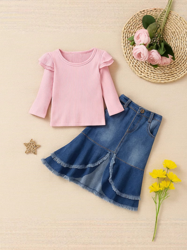 Dva dijela pamučni komplet za djevojčice za jesen: dugi rukav gornji komad i plisirana suknja srednje duljine, za uzrast 3–8 godina.