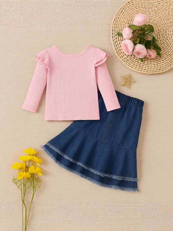 Dva dijela pamučni komplet za djevojčice za jesen: dugi rukav gornji komad i plisirana suknja srednje duljine, za uzrast 3–8 godina.