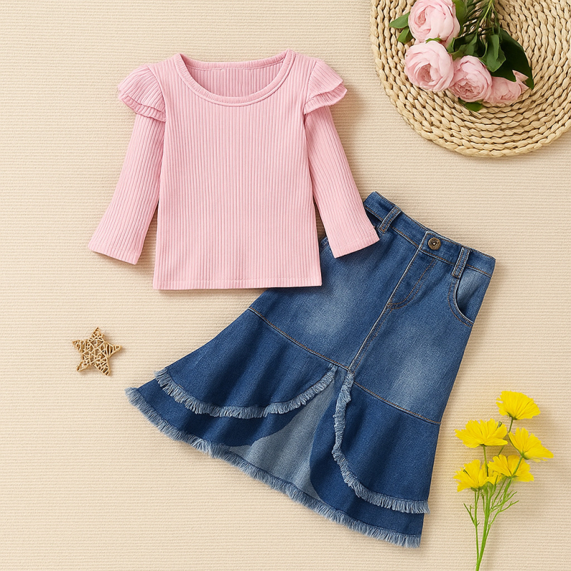 Dva dijela pamučni komplet za djevojčice za jesen: dugi rukav gornji komad i plisirana suknja srednje duljine, za uzrast 3–8 godina.