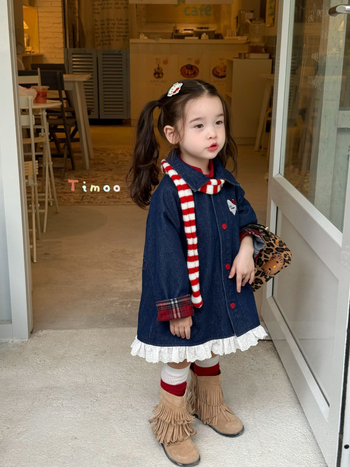 Дънкова пола и ветровка за момичета – корейски стил, есен 2025, памук 81–90%, едноцветен модел, за деца 3–8 години