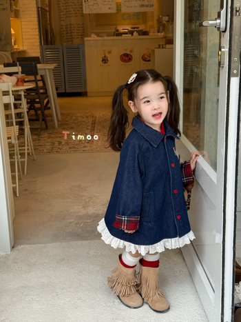 Дънкова пола и ветровка за момичета – корейски стил, есен 2025, памук 81–90%, едноцветен модел, за деца 3–8 години